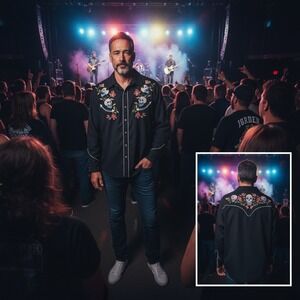 Benny's Day of the Dead Mens Western Snap Shirt Black Sugar Skull Embroidered  L